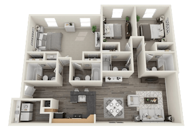 A 3D rendered image of a house layout.