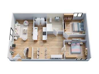 A top-down view of a small apartment with a bedroom, living room, and kitchen.