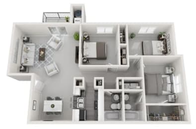 A top-down view of a modern apartment layout with a kitchen, living room, and bathroom.