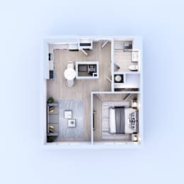 A top-down view of a small apartment with a living room, kitchen, and bedroom.