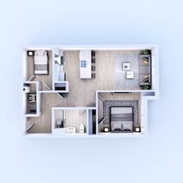 A top-down view of a modern apartment layout with a kitchen, living room, and bedrooms.