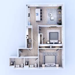 A modern apartment layout with a living room, kitchen, and two bedrooms.