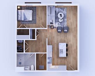 A top-down view of a room with a bed, couch, chairs, and a kitchen area.