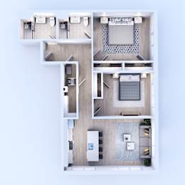 A top-down view of a modern apartment layout with a kitchen, living room, and bedrooms.