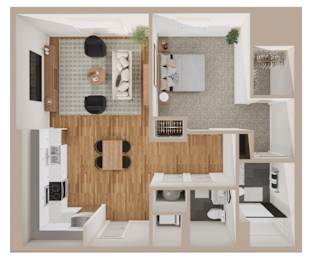 A modern bathroom with a wooden vanity and white fixtures.
