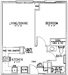 A floor plan of a home with a living/dining area, kitchen, bedroom, bath, and closet.