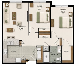 A floor plan of a cottage style apartment with two bedrooms, a living room, a kitchen, a bathroom, a pantry, a laundry room, and a closet.