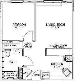 A floor plan of a small apartment with a bedroom, living room, kitchen, and bathroom.