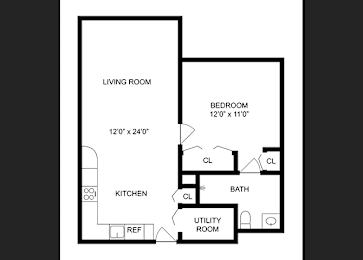 A black and white image of a floor plan for a small apartment.