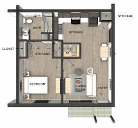 A drawing of a floor plan for an apartment with a bedroom, living room, kitchen, and bathroom.