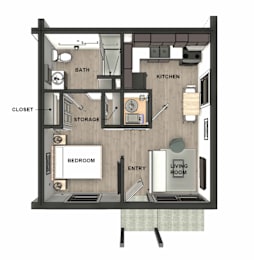 A floor plan of a small apartment with a bedroom, kitchen, storage, bathroom, and living room.