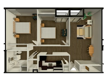 A 3D rendered image of a modern kitchen.