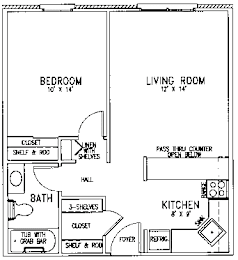 A floor plan of a small apartment with a bedroom, living room, kitchen, and bathroom.