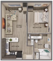 A diagram of a small apartment with a living room, kitchen, and bedroom.