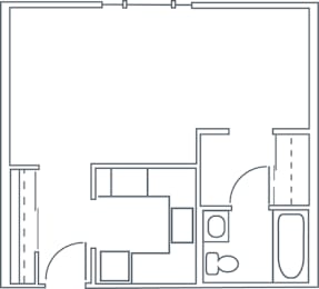 A floor plan of a studio apartment with a full bathroom and full kitchen.  two bedrooms.