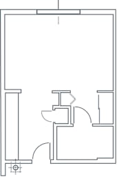 A floor plan of a room with a kitchen area and a bathroom.
