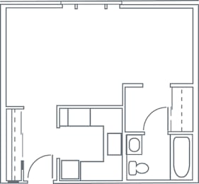 A floor plan of a room with furniture and a door.