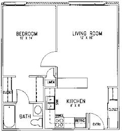 A floor plan of a small apartment with a bedroom, living room, kitchen, and bathroom.