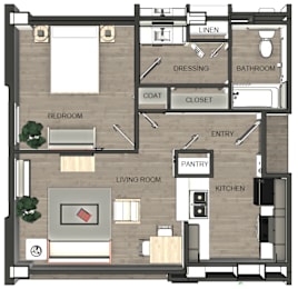 A floor plan of a house with a living room, kitchen, pantry, and bathroom.