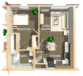 A diagram of a small apartment with a bedroom, living room, pantry, kitchen, bath, and entry.