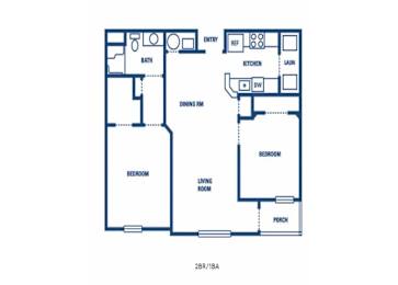 A floor plan of a two bedroom apartment with a living room and a porch.