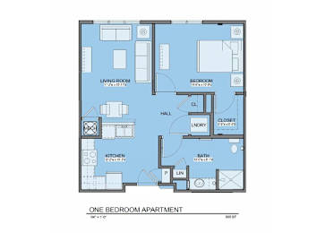 A floor plan of a one bedroom apartment.