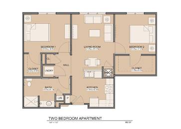 A floor plan of a two bedroom apartment.