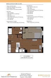 A floor plan for a one-bedroom unit at Grand Placer.