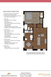 A floor plan and list of renovation work for a one bedroom historic unit.