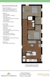 A floor plan for a two bedroom unit at Grand Place National Church Residences.