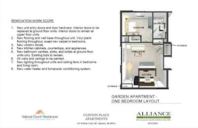 A document outlining the renovation work scope for a garden apartment with one bedroom layout.