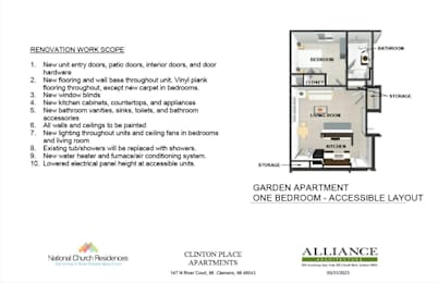A document from National Church Residences shows a floor plan and a list of renovation work to be done on a garden apartment.