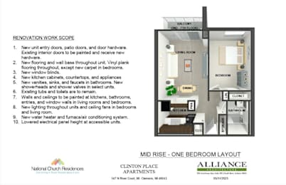 A renovation work scope list for a Mid Rise - One Bedroom Layout at Clinton Place Apartments.