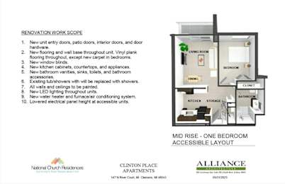 A one bedroom accessible layout for a mid rise apartment.