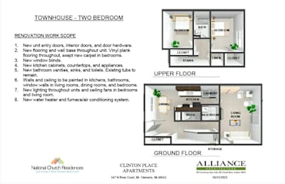 A floor plan for a two bedroom townhouse with a list of renovation work scope.