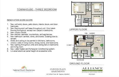 A document from National Church Residences outlining the renovation work scope for a three bedroom townhouse.