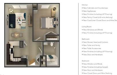 A floor plan of a house with a kitchen, living room, bathroom, and bedroom.