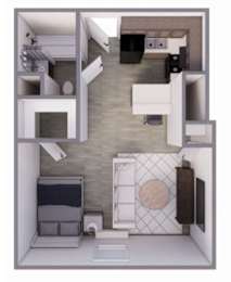 A top down view of a kitchen and living room.