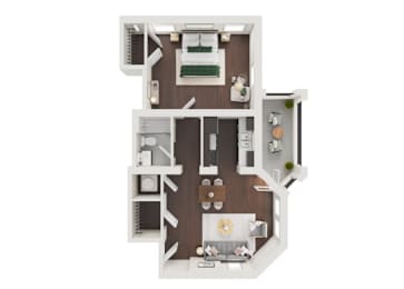 A top view of a house layout with a kitchen, living room, and two bathrooms.