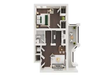 A 3D floor plan of a small apartment with a kitchen, living room, and bathroom.