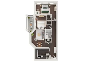 A floor plan of a small apartment with a kitchen, living room, and bathroom.