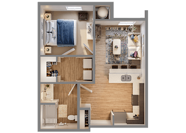 Floor Plan  A 3D floor plan of a small apartment with a bedroom, living room, and kitchen.