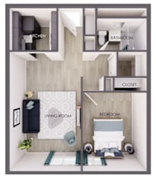 A diagram of a small apartment with a living room, bedroom, kitchen, bathroom, and closet.