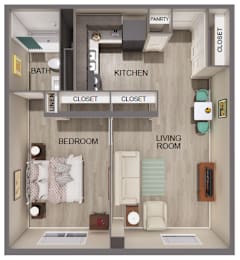 A diagram of a small apartment with a bedroom, living room, kitchen, and bathroom.