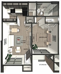 A black and white floor plan of a small apartment.