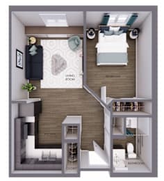 A diagram of a small apartment with a living room, bedroom, kitchen, bathroom, and closet.