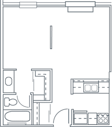 A floor plan of a house with a kitchen, living room, and two bedrooms.