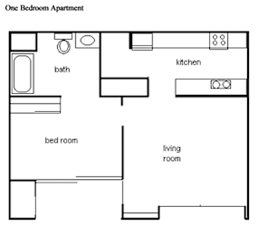 A floor plan of a one bedroom apartment with a bedroom, living room, and kitchen.