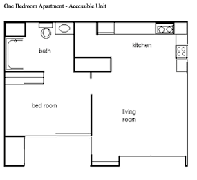 A floor plan of a one bedroom apartment with an accessible unit.