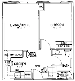 A floor plan of a small apartment with a living/dining area, kitchen, bedroom, and bathroom.